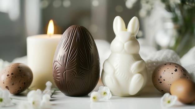 Chocolate and white bunny Easter eggs with candle and flowers in a festive background