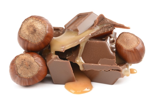 Chocolate with caramel on a white background