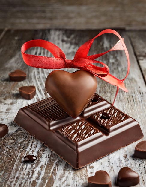 사진 리본과 심장을 가진 초콜릿은 성 발렌타인 데이에 사랑합니다.