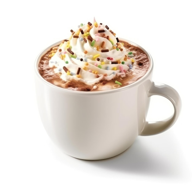 Chocolate with whipped cream and colorful sprinkles isolated on transparent background hot beverage