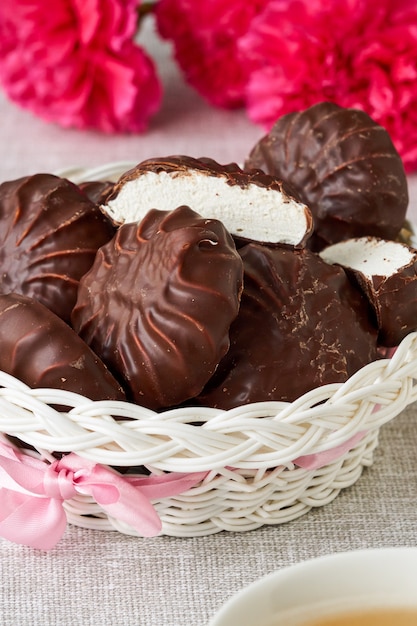 Chocolate zephyr in a white basket