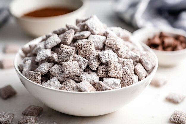 Foto muddy buddies ricoperti di cioccolato con zucchero a velo