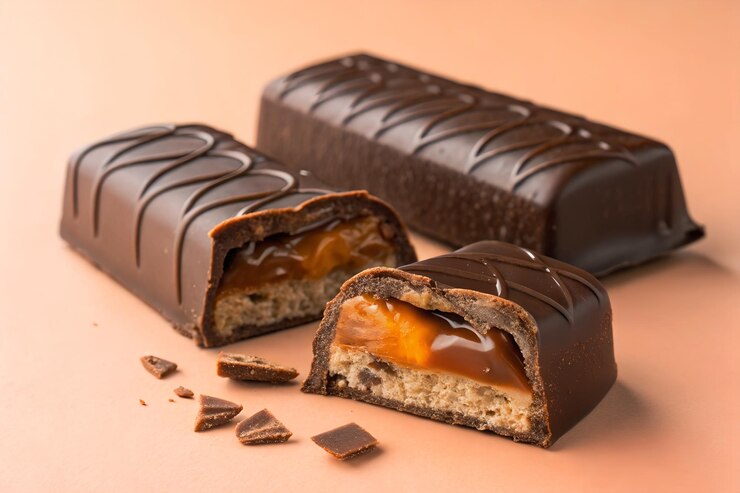 チョコレートで覆われたキャンディーバーと粘着性のあるカラメルの中心部
