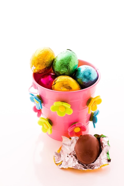 Chocolated Easter eggs wrapped in colorful foils.