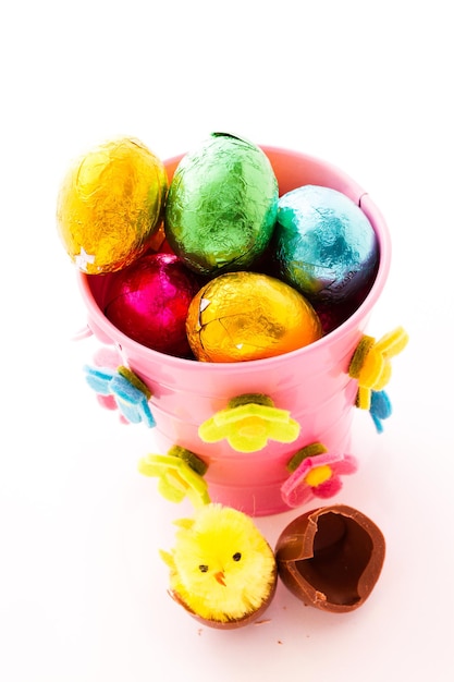 Chocolated Easter eggs wrapped in colorful foils.