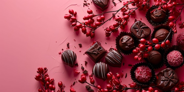 Chocolates and Berries on Pink Background