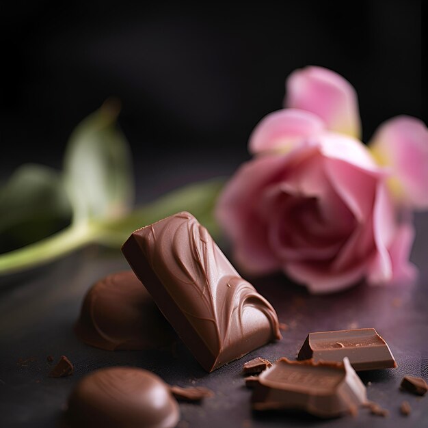 Chocolates closeup on black background with copy space AI generated