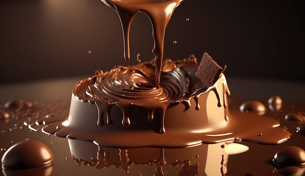 Photo chocolates dropping into liquid cacao chocolate ai generative