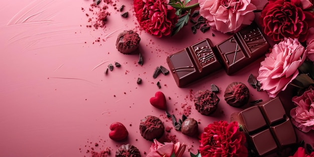 Chocolates and Flowers on Pink Background