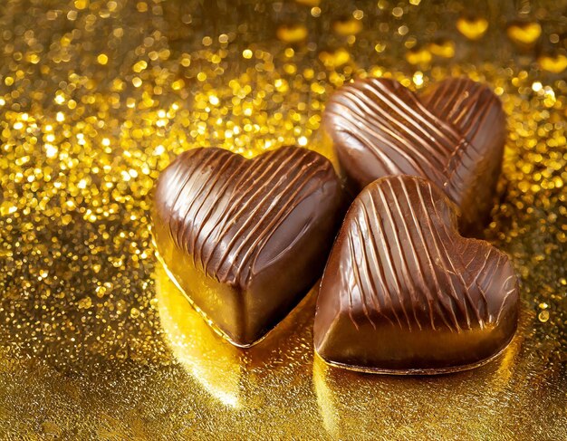 Chocolates in the form of hearts on a golden background