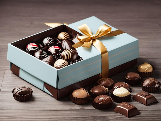 Chocolates and gift box on woody floor