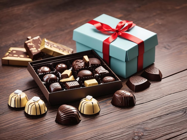 Chocolates and gift box on woody floor