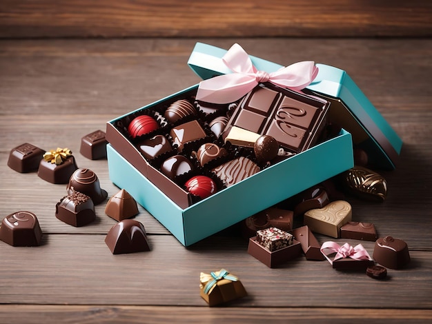 Chocolates and gift box on woody floor