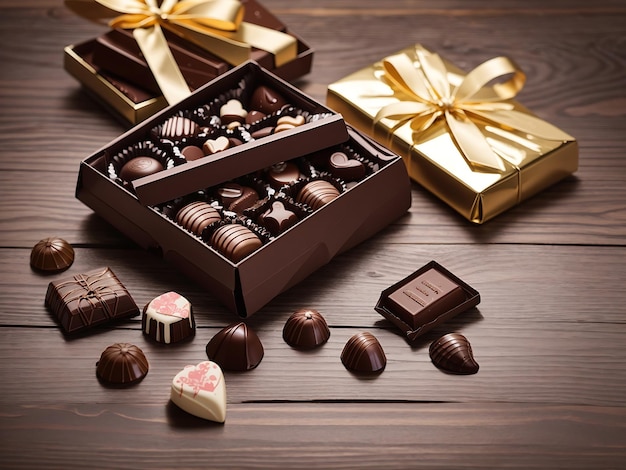 Chocolates and gift box on woody floor