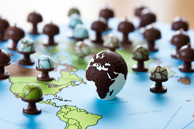 Foto cioccolati su una mappa del mondo