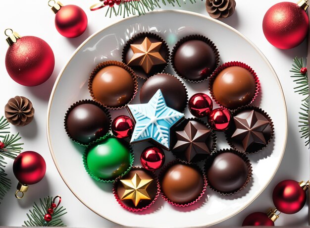 chocolates with christmas decoration on white background top view