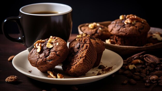 Chocolatewalnut muffins with coffee cup with walnuts on dark surface