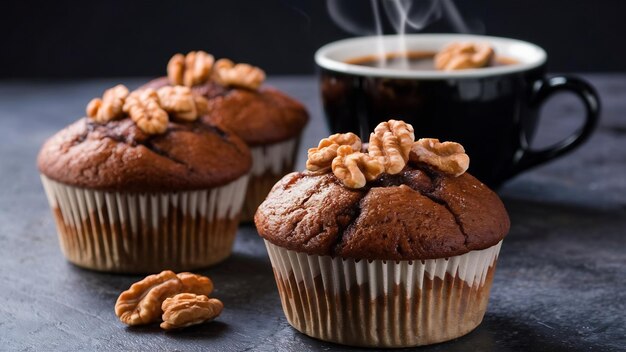 Chocolatewalnut muffins with coffee cup with walnuts on dark surface