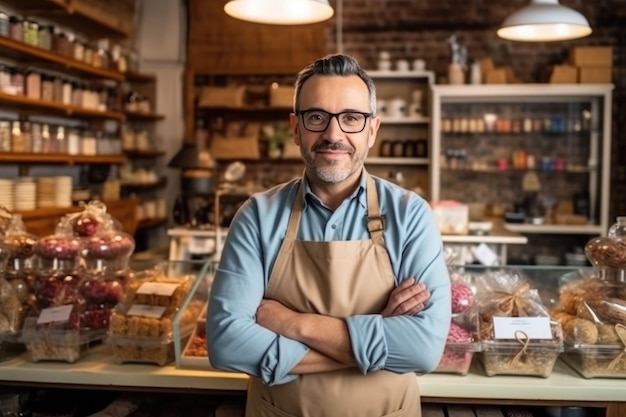 chocolatier businessman standing in her shop arms crossed looking to camera AI