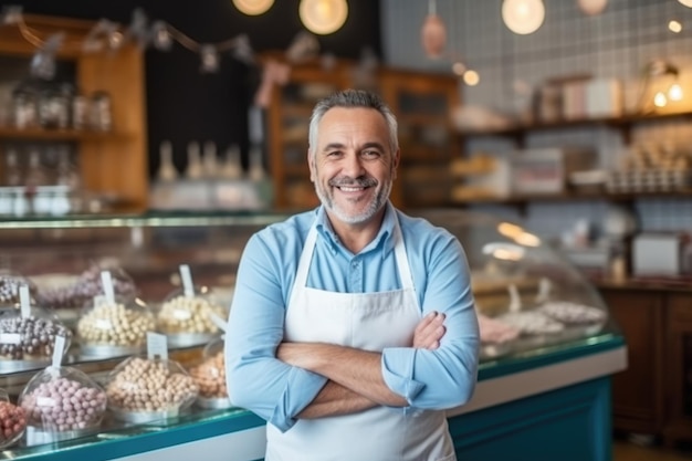 Foto chocolatier zakenman staande in haar winkel met gekruiste armen kijkend naar camera ai