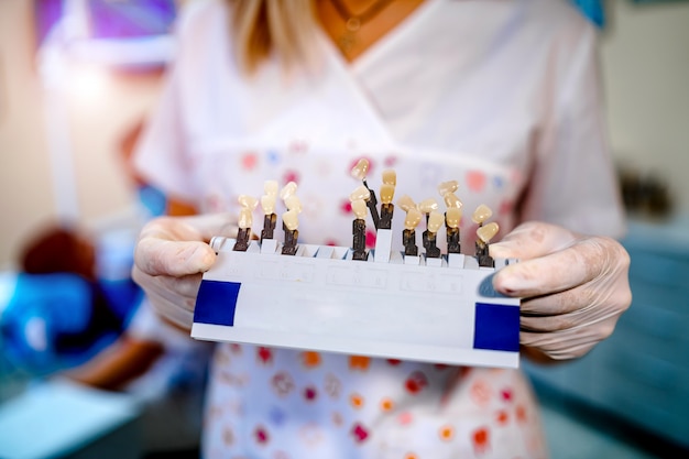 Choice of color of a dental artificial limb. Dentist woman assistant holds a teth color set.