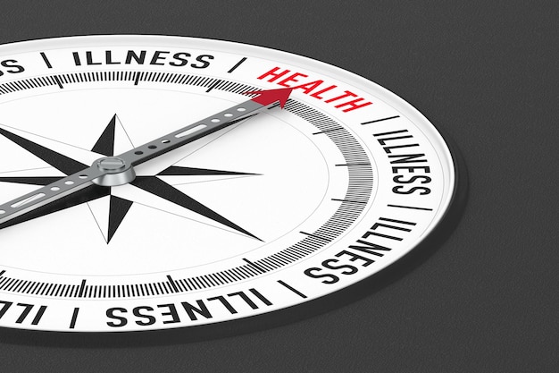 Choice between health and illness. Compass on black background. Isolated 3D illustration