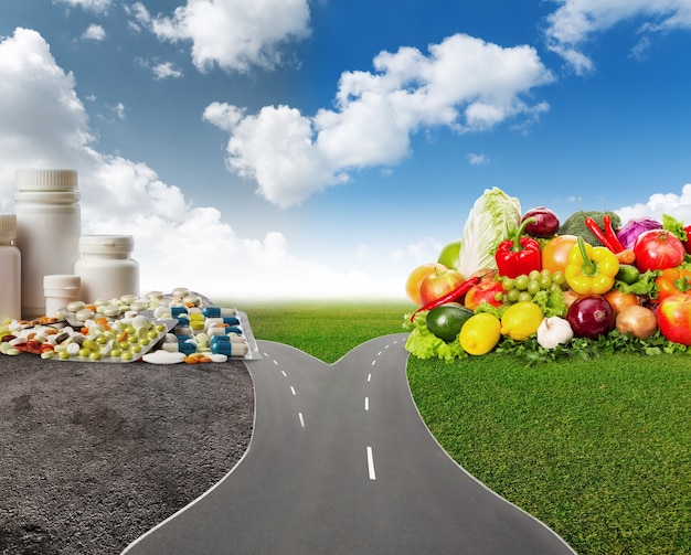 Choice between healthy food or medical pills