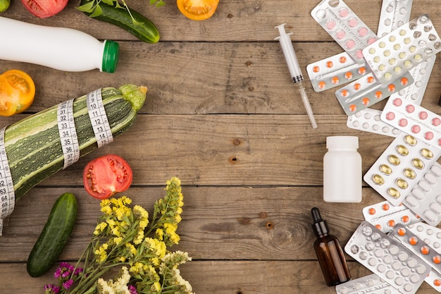 La scelta tra uno stile di vita sano e farmaci verdure o pillole su una scrivania in legno marrone