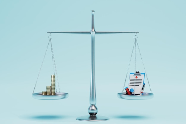 A choice between money and treatment on the scales of dollar coins and dist appointments with analyzes 3D render