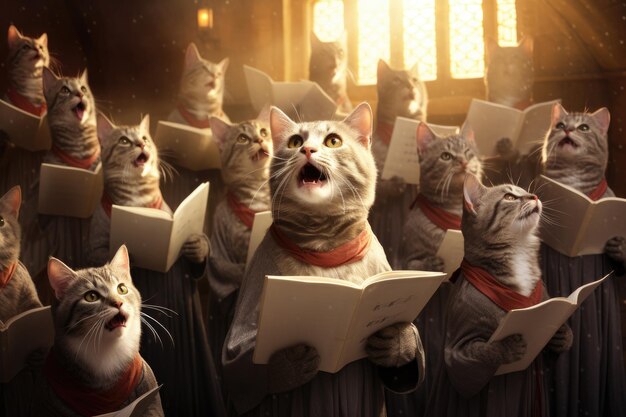 A choir of cats singing gospel in a cathedral