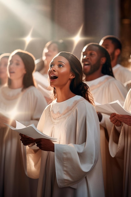 Foto un coro vestito con abiti che canta inni pasquali