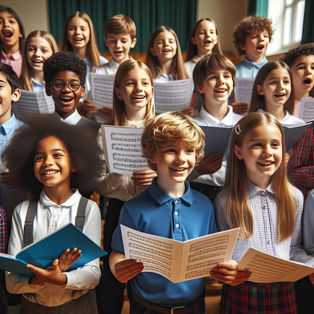 Choir of school children singing together