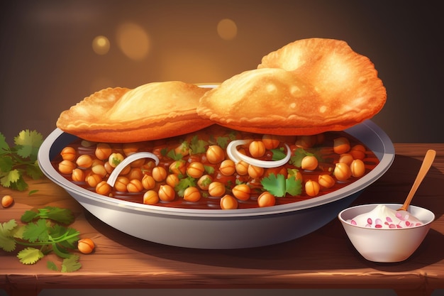 Chole bhature or chick pea curry and fried puri on tabel vector art