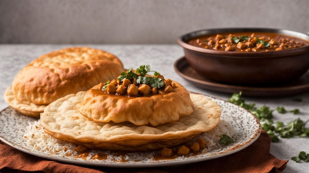 Chole Bhature on a clean white background highlighting the intricate details and flavors of this be