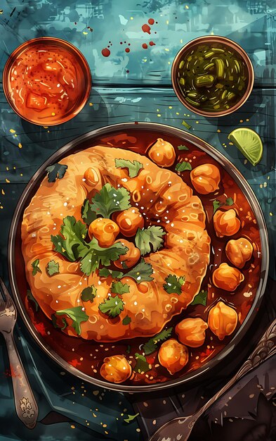 Постер блюда Chole Bhature с острым горохом и пушистым Bh Иллюстрация Еда Питье Индийские ароматы