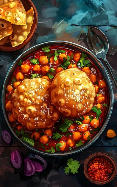 Постер блюда Chole Bhature с острым горохом и пушистым Bh Иллюстрация Еда Питье Индийские ароматы