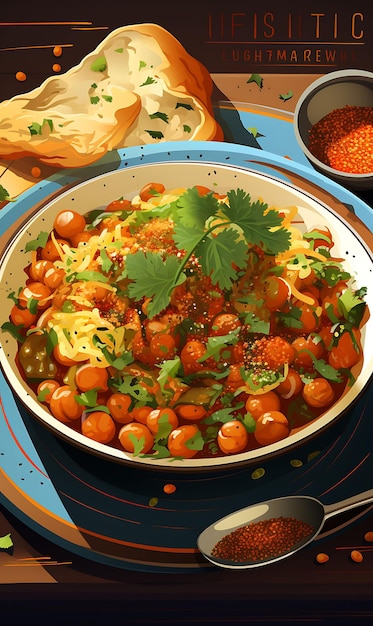 병아리콩 카레를 곁들인 콜레 바투레 요리 푹신한 바투르 매콤한 인도 요리 문화 레이아웃 웹사이트
