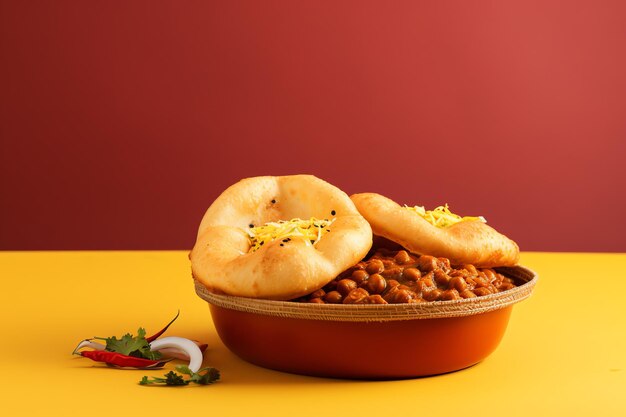 Chole bhature tasty fast food street food for take away on yellow background