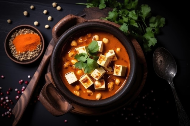 Chole paneer curry made using boiled chickpea with cottage cheese with spices