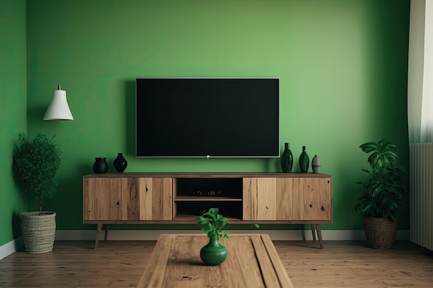 Choma key green screen empty wooden table in front of TV in living room