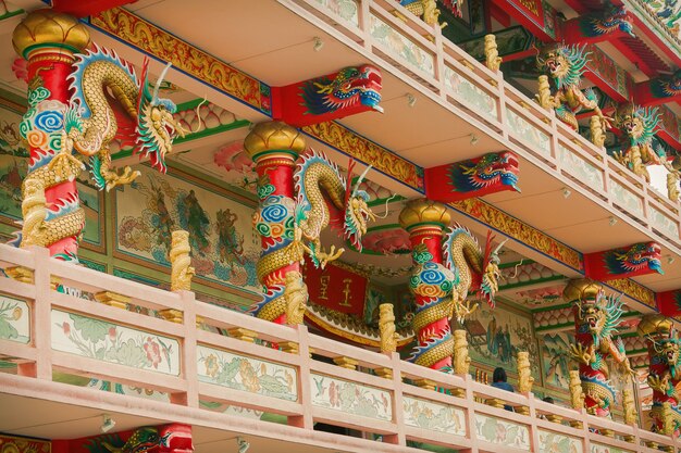 CHONBURI, THAILAND - June 11, 2019: View of Wihan Thep Sathit Phra Ki Ti Chaloem or Red Dragon Chinese Temple extreme closeup