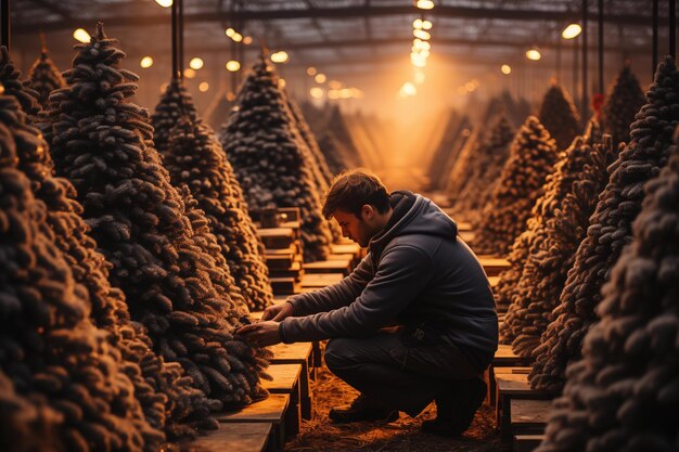 choosing christmas tree on the Christmas market