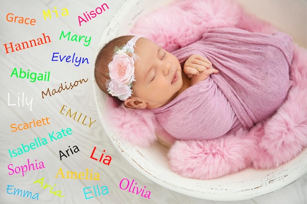 Photo choosing name for baby girl adorable newborn sleeping view from above