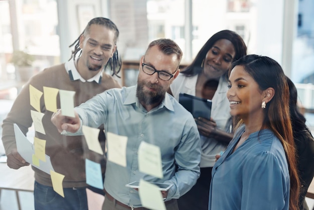 Choosing a place to start is the first step Cropped shot of a diverse group of businesspeople standing together and using a glass board to brainstorm in the office