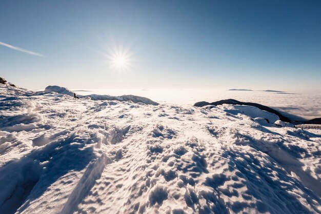 Chopok in Low Tatras national park with mountain hut and Jasna ski resort cableway station in winter Liptov region Demenovska walley