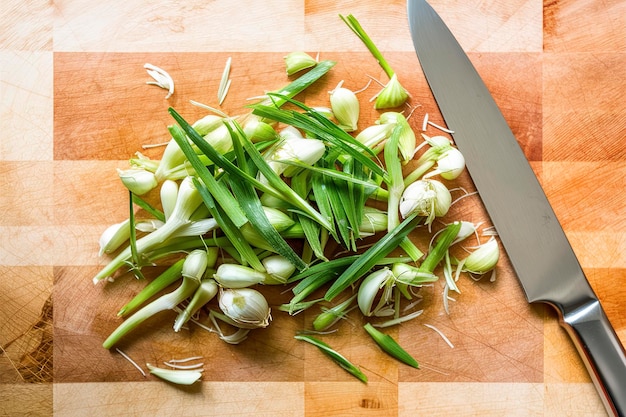 Chopped bunch of green garlic on wooden cutting board with knife