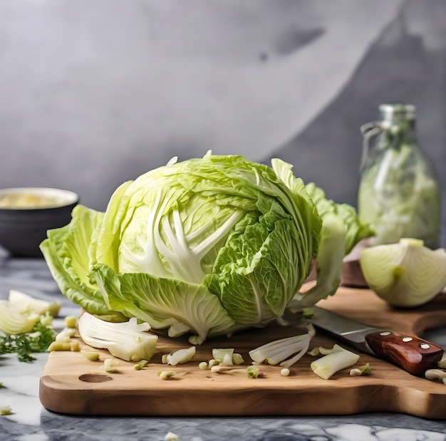 Chopped Cabbage on a Wooden Board Resting on a Marble Table