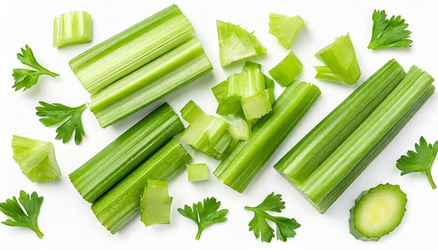 Photo chopped celery isolated on white background top view flat lay