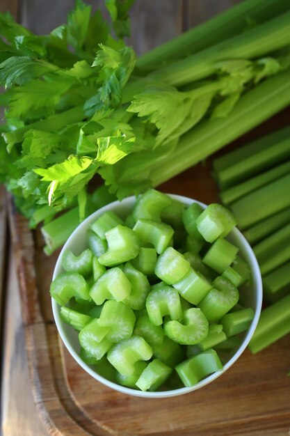 Chopped celery stalks in a bowl