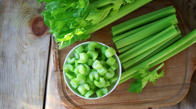 Chopped celery stalks in a bowl